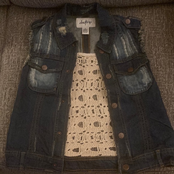 Daytrip Jackets & Blazers - Daytrip Blue Denim Vest with Cream Crochet Detail